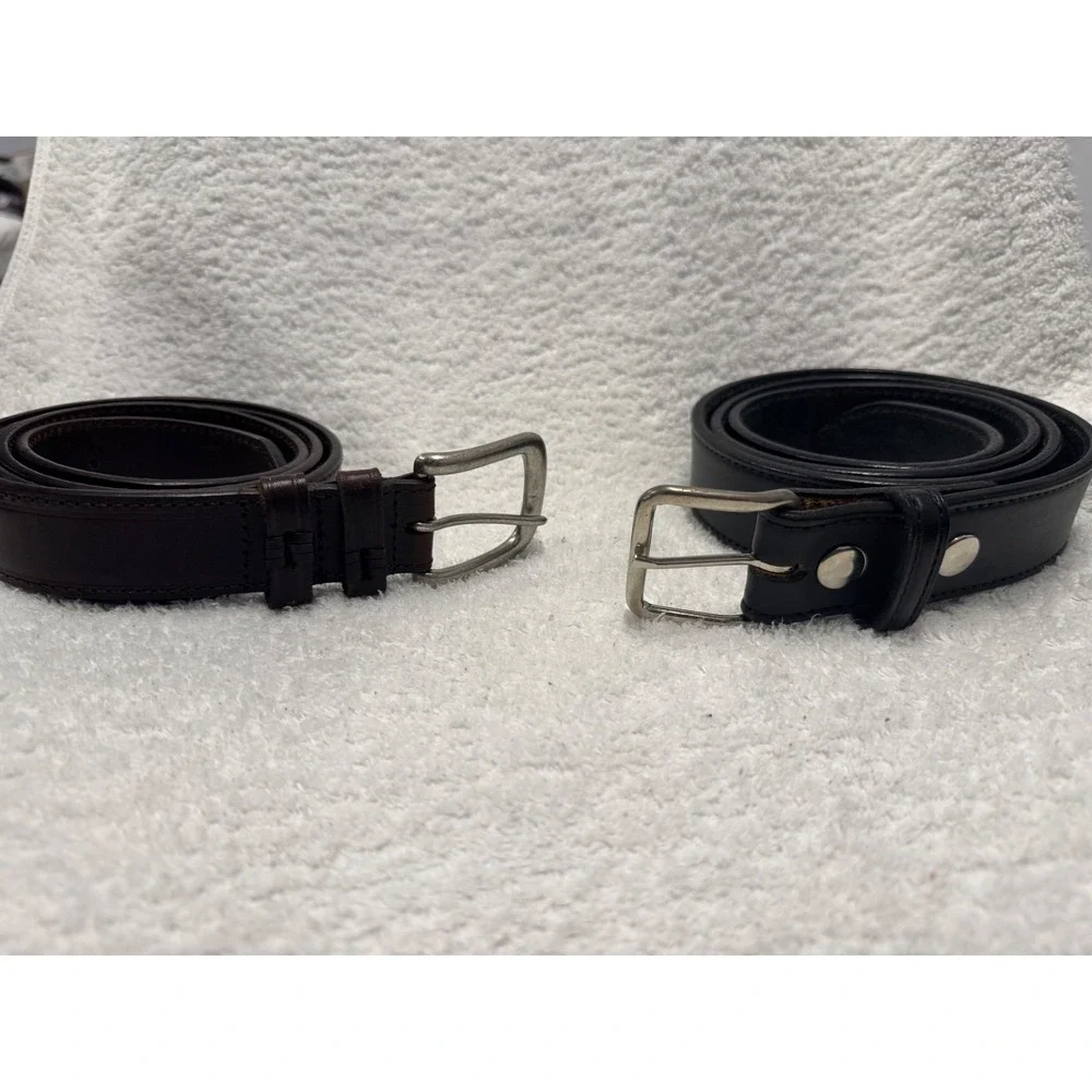 Lot of 2 Mens Top Grain Leather Belts Size 46 Black Brown Silver Buckle Classic